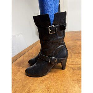 Vtg Y2K Anne Klein Women’s 8.5 black leather Calf Silver Buckle Heels boots